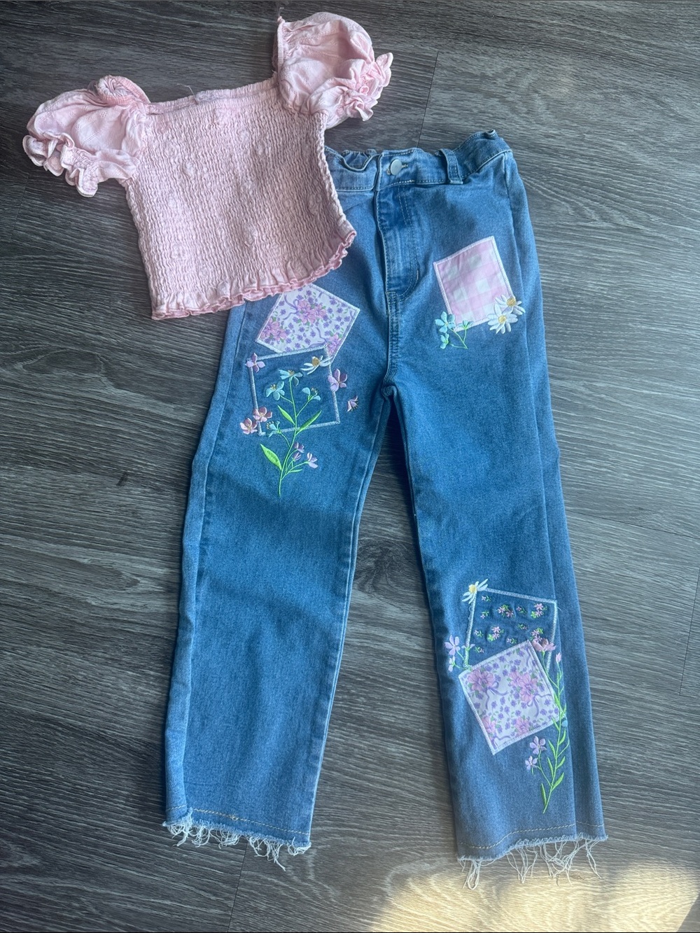 Pink Smocked Puff Sleeve Top with Floral Patchwork Jeans